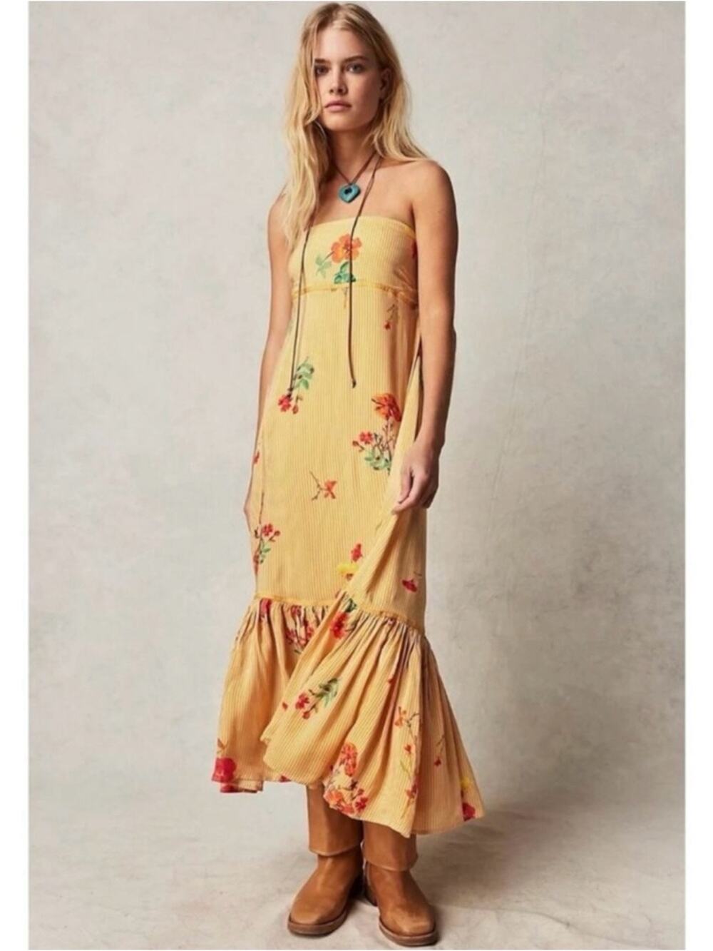 Free People Bohemian Rosie Posie Strapless Midi Dress Yellow Floral Size XL